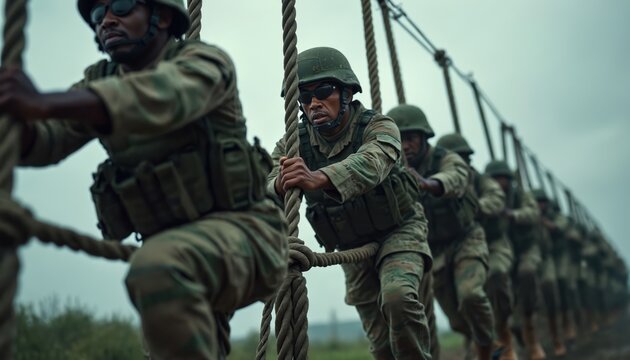 Soldiers climb rope obstacle course in line. Wear military uniform, helmet, tactical gear. Men train hard, showing physical strength, endurance. Focus on teamwork, discipline, tough exercise, - Powered by Adobe