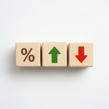 Percentage Symbol with Up and Down Arrows on Wooden Blocks, Interest Rate Fluctuation and Market Change Concept, Financial Statistics and Economic Trends, Risk, Growth, and Decline