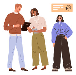 Two individuals discussing and taking notes while using a tablet, with a third standing confidently nearby. Ideal for teamwork, collaboration, technology, fashion, leadership, education, simple flat