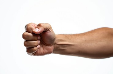 Man arm extends with powerful clenched fist. Hand gesture signifies strength, determination, protest. Conveys feelings of anger, resolve, human might. Isolated on white background, captures raw