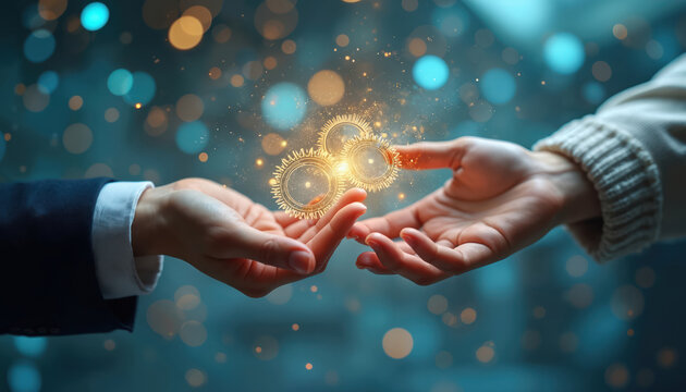 Two hands connect glowing gears. People work together with teamwork, sharing ideas. Digital interface with data streams, showing progress in industry.