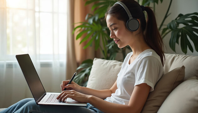 Young woman wearing headphones uses laptop for online lesson, taking notes. Student studies remotely from home on sofa, focused on computer screen, listening to audio. Distance learning concept.