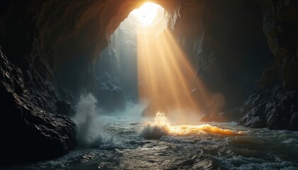 Sunbeams pierce dark cavern ceiling illuminating turbulent ocean waves crashing against rocky walls. Water floods deep underground chamber with misty spray. Light breaks through darkness.