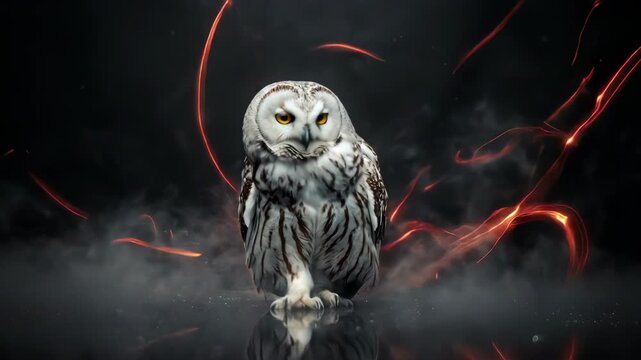 Mysterious Owl against a dark backdrop with glowing red accents 
