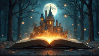 Stickers Meisjeskamer Open book lies on forest floor. A glowing fairytale castle rises from its pages, illuminated by magic light. Dark trees, full moon create dreamy night scene. It evokes wonder, story, imagination.  © Pete