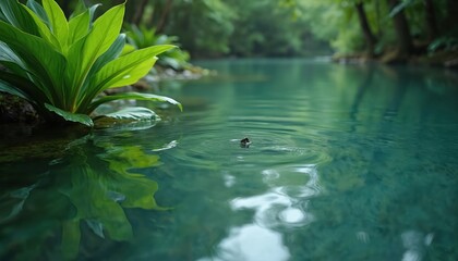 Clear turquoise water of a tranquil river in a green forest. A lush plant grows on the bank its leaves reflected on the calm surface. Serene wild nature scene in a peaceful jungle background.