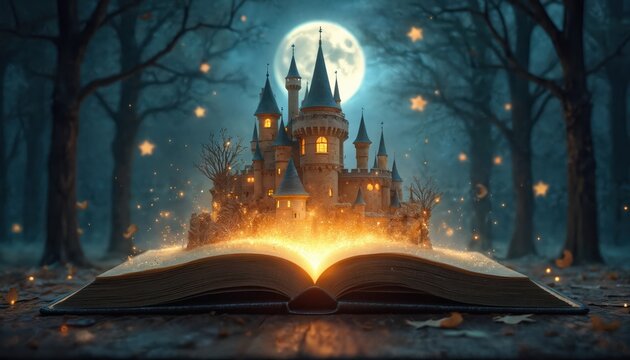 Open book lies on forest floor. A glowing fairytale castle rises from its pages, illuminated by magic light. Dark trees, full moon create dreamy night scene. It evokes wonder, story, imagination.
