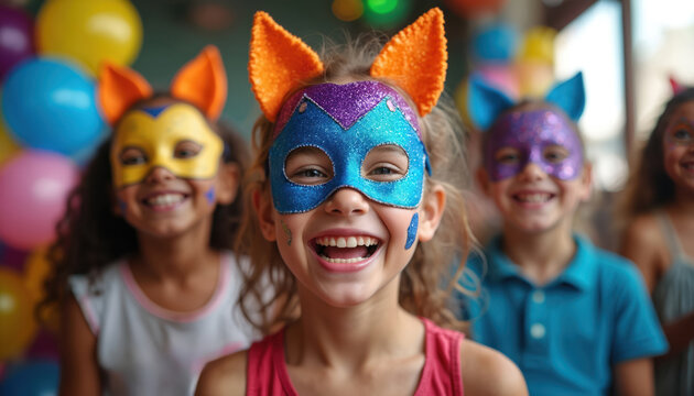 Diverse kids wear carnival masks for Mardi Gras games. Happy children smile with face paint and balloons. Youthful fun at a vibrant party event.