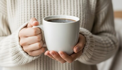 Cozy person holding a warm mug of coffee in a soft knitted sweater
