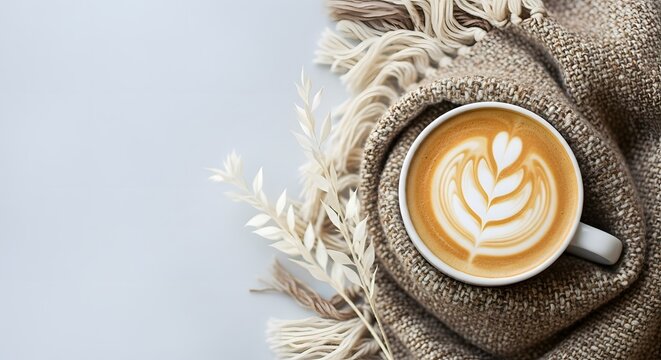 Cozy warm cup of coffee with latte art nestled in a soft knitted blanket