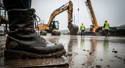 The foreground boot dominates the frame, emphasizing themes of hard physical labor, industrial work, and bad weather conditions.