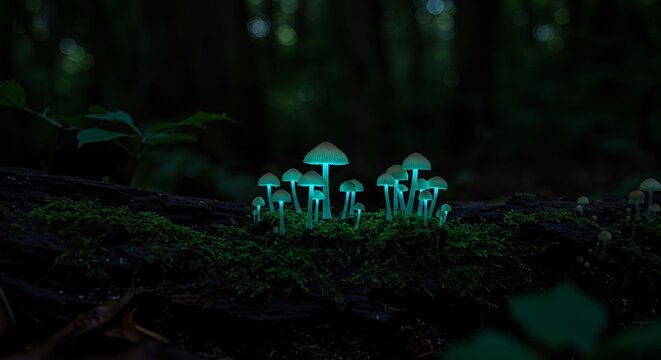 A patch of small, magical fungi provides an ethereal blue-green light in the otherwise pitch-black deep woods.