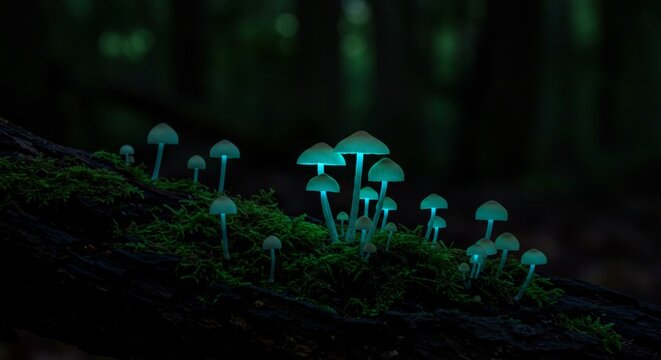 A group of bioluminescent mushrooms casts an eerie turquoise glow on a mossy log in a dark forest.