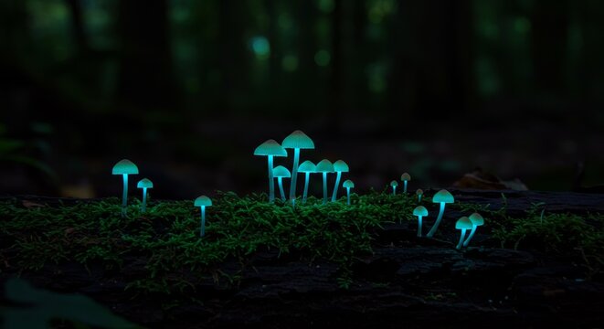 The mysterious green glow from the "foxfire" mushrooms creates a striking contrast against the dark log and moss.