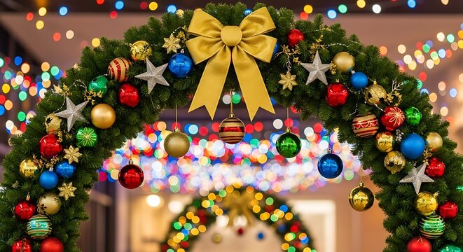Photo of festive christmas archway decorated with ornaments, stars, and a large yellow bow, illuminated by colorful bokeh lights in the background, creating a magical holiday atmosphere