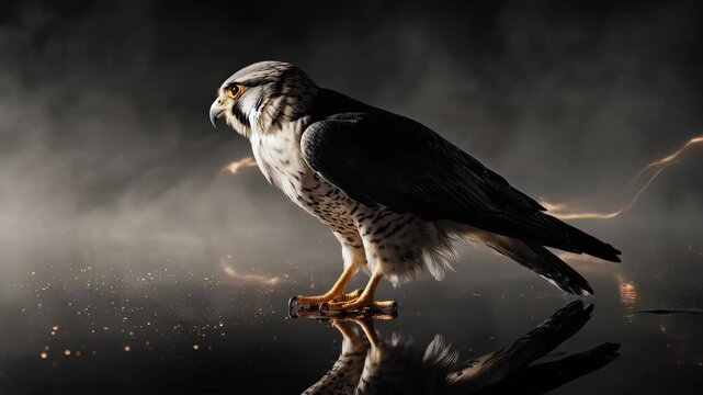 Hawk perched in dramatic lighting against a smoky backdrop