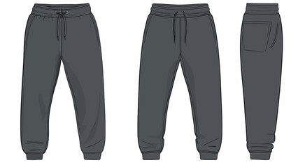 Technical Flat Sketch Vector of Unisex Dark Grey Joggers or Sweatpants, Casual Athleisure Apparel Template (Front, Back, and Side View) © Rishi