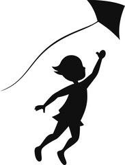 Silhouette of a child flying a kite isolated on white background isolated on transparent background