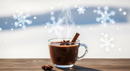Warm spiced hot chocolate in a glass mug with cinnamon stick and star anise