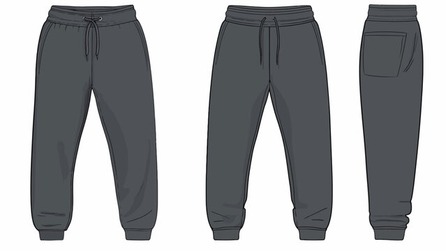 Technical Flat Sketch Vector of Unisex Dark Grey Joggers or Sweatpants, Casual Athleisure Apparel Template (Front, Back, and Side View)