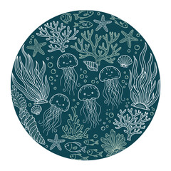 Fototapeta premium Cute cartoon jellyfish, coral, seaweed, starfish, and fish in a circular underwater illustration on a dark teal background.