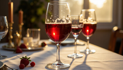 Naklejka premium Wine glasses filled with red wine on elegant dining table at sunset 