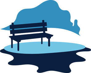 Dark blue silhouette of a park bench on a light blue circular platform with a blue abstract shape behind it isolated on white background isolated on transparent background