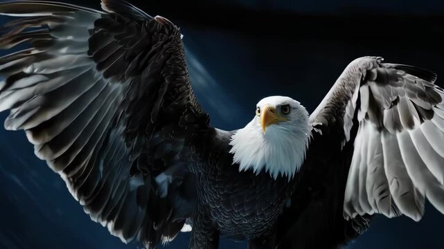 Eagle soaring with outstretched wings against a backdrop of dark skies 