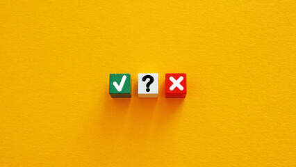 Green check red cross and question mark. Decision making and uncertainty.