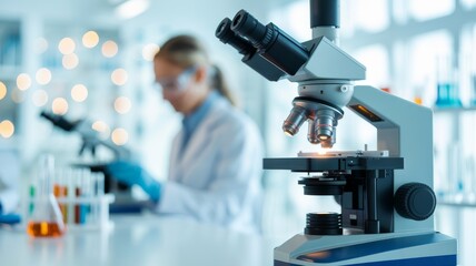 Scientist in Laboratory with Microscope. medical research laboratory. The focus is on a high-tech microscope in the foreground. a scientist or researcher in a lab coat is working