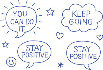 Hand drawn motivational quotes and symbols for encouragement and positivity in speech bubbles