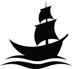 Silhouette of a sailing ship on waves isolated on white background isolated on transparent background