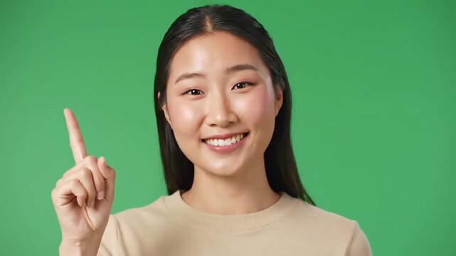 Happy young Asian woman pointing finger up with a cheerful expression showing an idea or presenting something on a green screen background perfect for advertising and educational content.