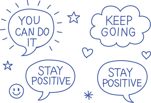 Hand drawn motivational quotes and symbols for encouragement and positivity in speech bubbles