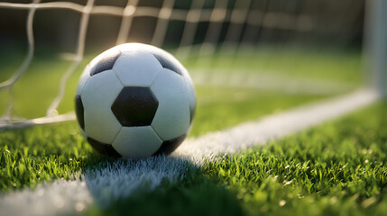 Obraz premium Soccer Ball on the Field: A soccer ball rests on the lush green field. capturing the thrill of a match, inviting viewers to the exciting world of football.
