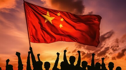 Chinese flag waving with silhouette of people with fists up.