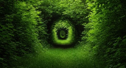 Lush emerald foliage forms a captivating natural tunnel, creating a mysterious, shaded green pathway through dense, overgrown forest terrain ,peaceful ,mysterious ,journey