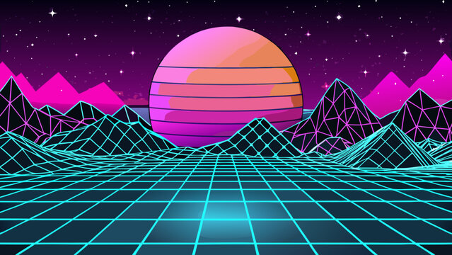 Retro-futurist landscape in neon gradients, bold geometric forms