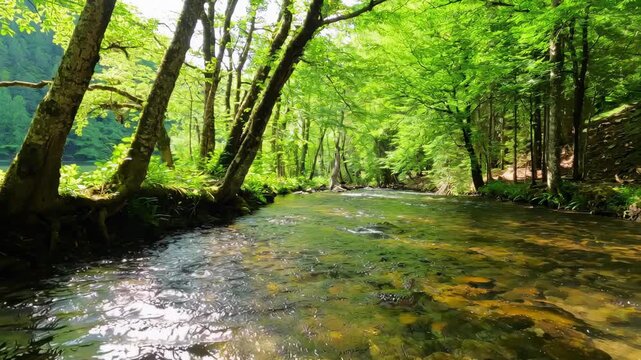 A serene forest stream flows gently through lush green trees on a sunny day.