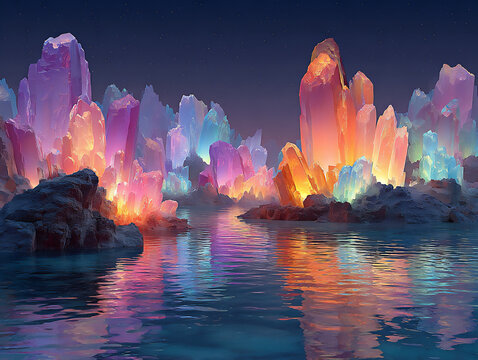 luminous crystal icebergs at night
