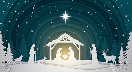 Photo of a beautiful papercut style illustration of the nativity scene, with mary, joseph, and baby jesus in a stable under a starry sky and the star of bethlehem