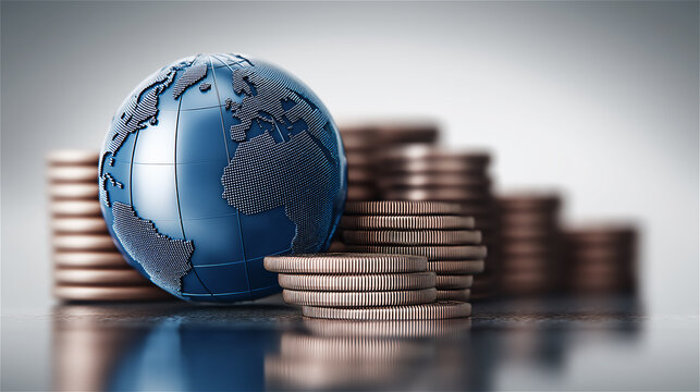 Stacks of coins with small globe on top, symbolizing global finance, economy and investment.
