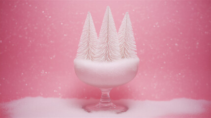 Minimalist white Christmas trees in pink background, concept of modern holiday design, celebration and winter season with copy space.
