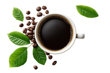 Fototapeta premium White coffee cup filled with dark coffee surrounded by roasted beans and green leaves isolated on a transparent background