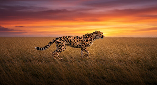 Stunning cheetah powerfully running across the golden savanna at sunset, embodying speed and grace, perfect for wildlife documentaries, travel promotions, and conservation campaigns