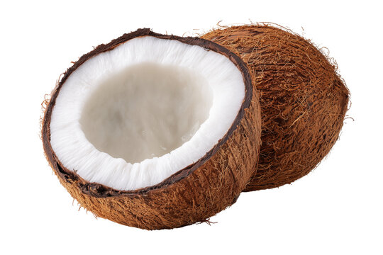 Whole and halved coconut with white flesh and brown fibrous husk isolated on a transparent background