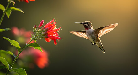 Graceful hummingbird in flight approaching vibrant red flowers bathed in golden sunlight, wildlife photography showcasing nature's beauty and delicate ecosystem, serene and captivating scene