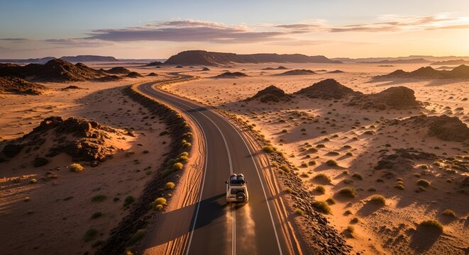 Aerial View of Desert Road with Car — Cinematic Landscape and Adventure Travel Concept
