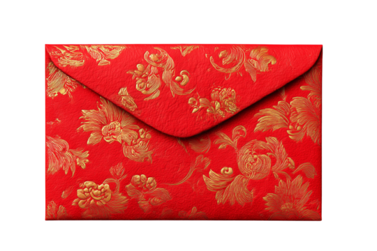 Red envelope with gold floral pattern for Lunar New Year celebrations isolated on a transparent background - Powered by Adobe