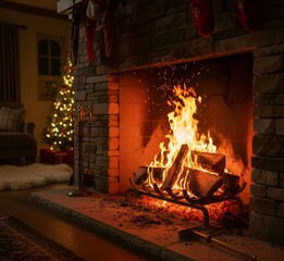 Feu de chemin&eacute;e &agrave; l'int&eacute;rieur d'une maison d&eacute;cor&eacute;e pour No&euml;l